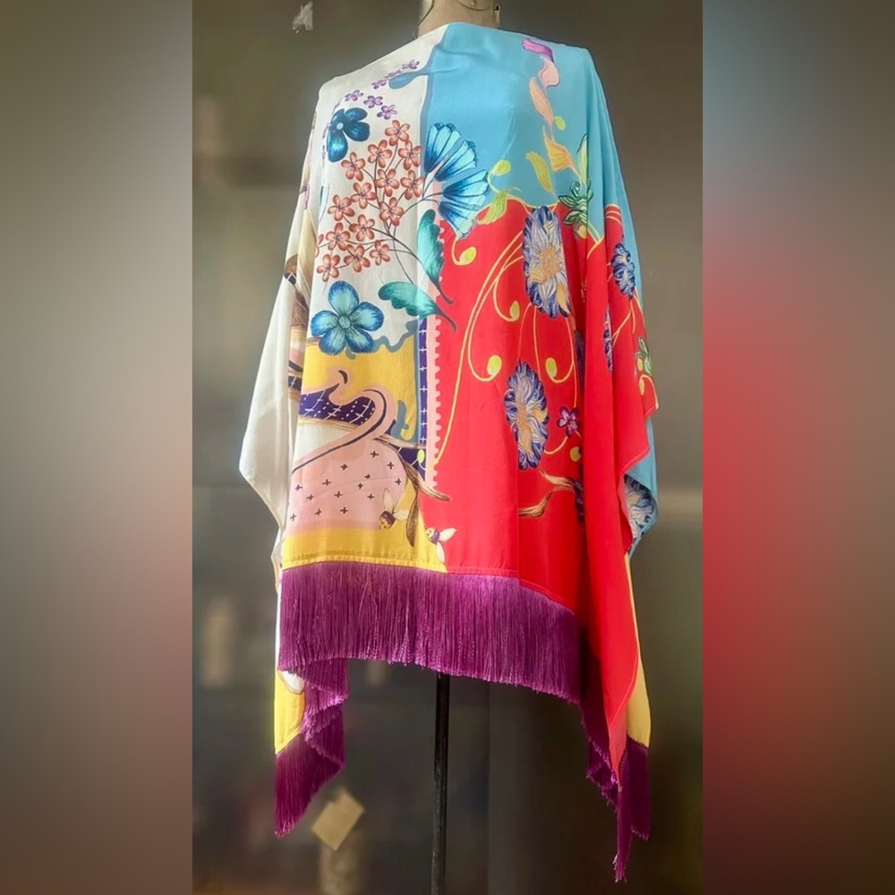 Etro Silk Floral Multicolor Caftan/tunic Mini Dress w/Purple Fringe border.O/S